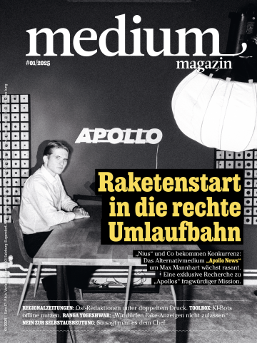 Cover des medium magazins 01/25. "Raketenstart in die rechte Umlaufbahn: „Nius“ und Co bekommen Konkurrenz: Das Alternativmedium „Apollo News“ um Max Mannhart wächst rasant. Eine exklusive Recherche zu „Apollos“ fragwürdiger Mission.